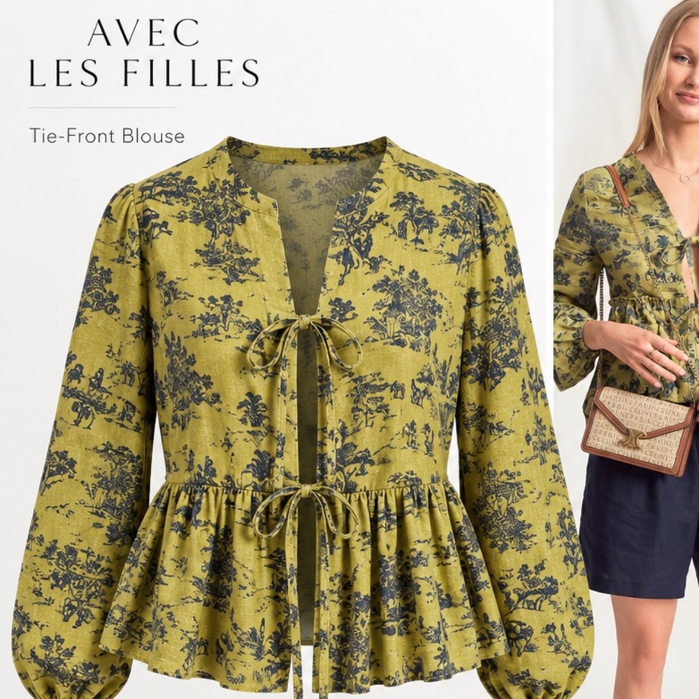 Women’s Yellow Floral Tie-Front Peplum Blouse